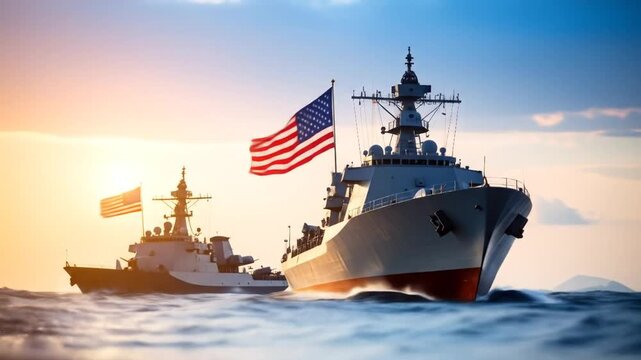 Warships with US flags on ocean at sunset.