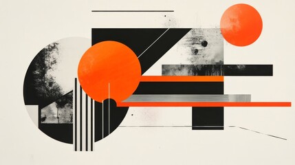 futuristic collage, A minimal and dynamic composition featuring bold geometric shapes in black, white, gray, and orange on an off-white background. creating an abstract representation of movement or a