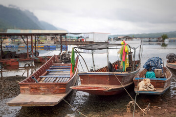 Many long -tail boats parked on the banks.