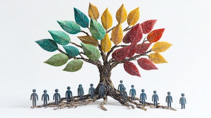 Unique tree sculpture representing growth and community with colorful leaves and small figures standing beneath it