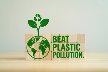 Conceptual minimalist photograph of earth plant symbolizing beat plastic pollution and sustainability