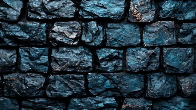 Rough dark cobblestone wall with blue tints and shadowed mortar joints