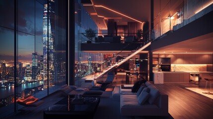 Luxurious modern apartment with stunning city views during the night