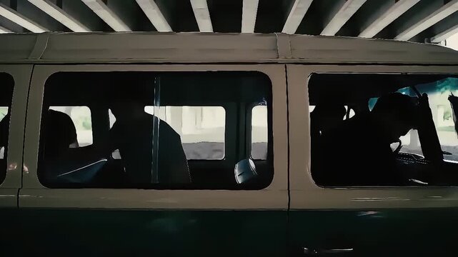 Silhouetted Figures Moving Inside a Classic Two-Tone Van Parked Under an Overpass Structure