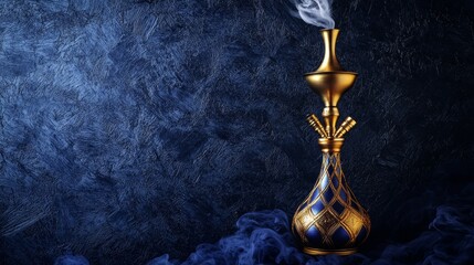 Beautiful decorative hookah with golden accents and smoke on a dark textured background