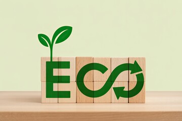 Eco symbol with green sprout growing on wooden blocks representing sustainability and recycling