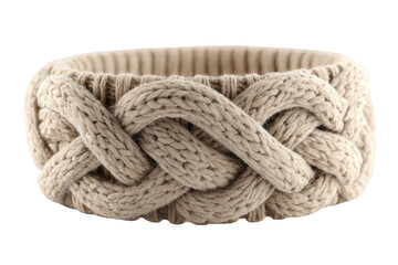 Beige Knitted Headband on Transparent Background Woven Braided Pattern Fashion Accessory Soft Wool Warm Ear Warmer Winter Apparel Neutral Tones Textured Surface Close Up Studio Shot Comfortable Style