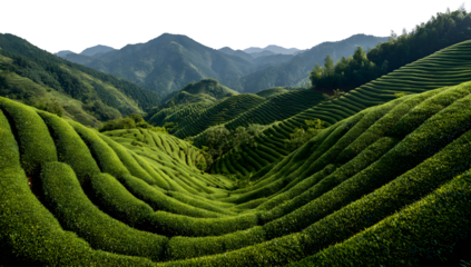 Lush green tea garden landscape with rolling hills isolated on transparent background, scenic agricultural plantation for eco tourism and nature environment

