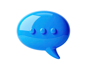 Glossy blue speech bubble icon, three dots inside, isolated on a black background