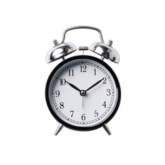 Analog alarm clock, shiny bells, black frame, white face