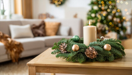 weihnachtlich geschm&uuml;ckten Wohnraum mit Adventskranz und Kerze, gem&uuml;tlich_3