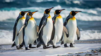 Obraz premium Group of King penguins, Aptenodytes patagonicus, going from white sand to sea, artic animals in the nature habitat, dark blue sky, Antarctica