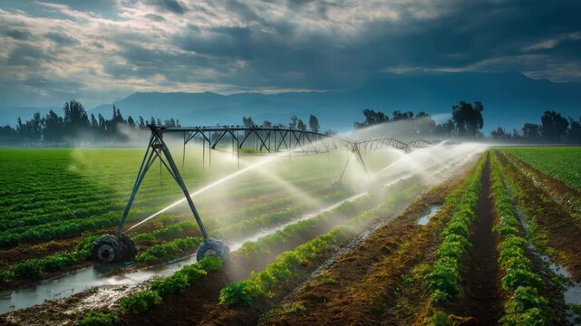 Agricultural irrigation system waters lush green fields under a dramatic, cloud-filled sky