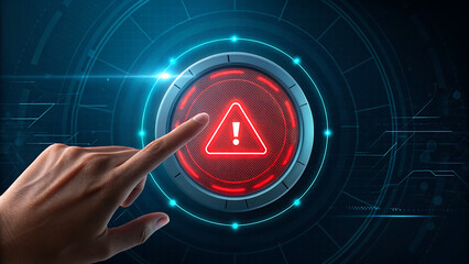 Innovative digital security alert with a hand interacting with a glowing red triangle, ideal for cybersecurity, technology, and modern safety solutions