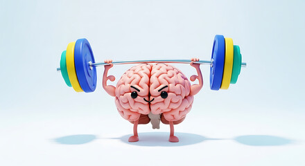 Vibrant cartoon brain character diligently strengthens its mind by lifting heavy weights, symbolizing powerful cognitive health and smart mental training
