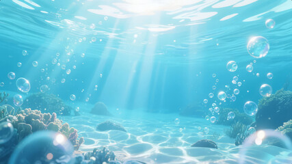 Underwater world sunlight penetrating water surface bubbles healing background