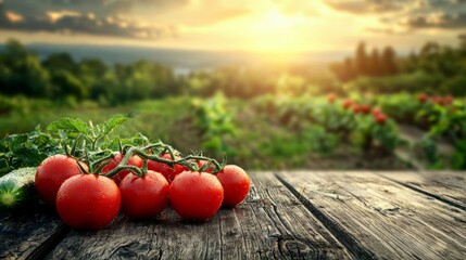 Freshly harvested tomatoes on wooden table in a sunset-lit garden