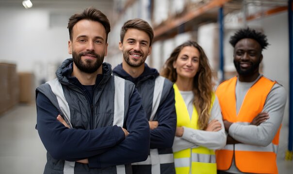 A professional team of logistics workers, standing in front of a modern warehouse