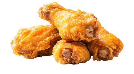 Pile of crispy fried chicken wings isolated on transparent background, delicious snack