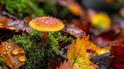 Colorful mushroom surrounded by autumn leaves in a forest after rainfall