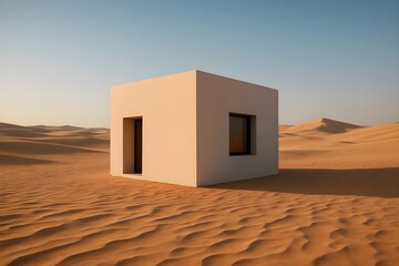 Minimal cube house in desert landscape