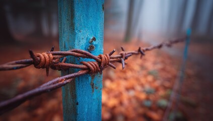 Close-up of rusty barbed wire wrapped around a vibrant teal metal post, set against a backdrop of autumnal forest leaves, creating a somber and isolated atmosphere.