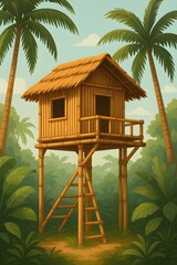 Bamboo treehouse in tropical jungle landscape
