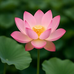 Pink Lotus Flower in Bloom with Green Leaves