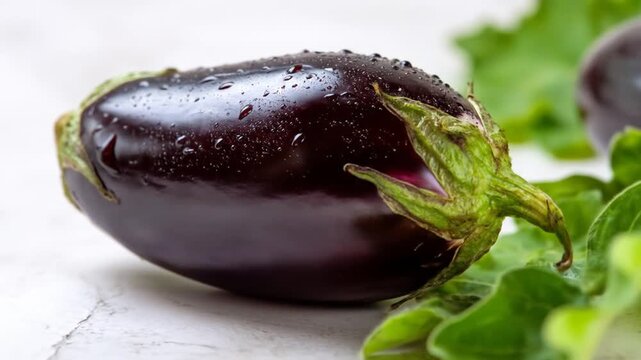 Close up of fresh eggplant vegetable with water drops and green leaves