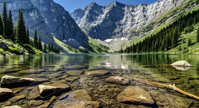 Crystal clear lake with rocky bottom surrounded by pine forest and rugged snowy mountains under bright blue sky pristine alpine wilderness scene