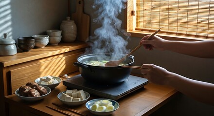 Simmering Soup on Wooden Stove Counter