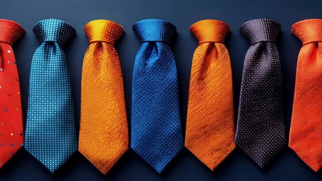 Row of seven colorful ties with patterned silk on navy background