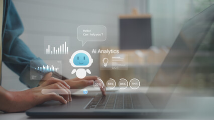 Artificial intelligence analytics concept with chatbot assistant on laptop screen, data visualization, and digital dashboard, symbolizing AI technology, automation, and business innovation.
