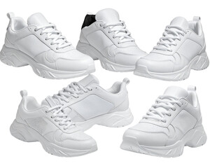 Realistic 3D-style arrangement of white sneakers shown from an angled perspective wit 