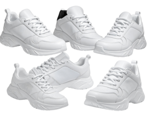 Realistic 3D-style arrangement of white sneakers shown from an angled perspective wit 