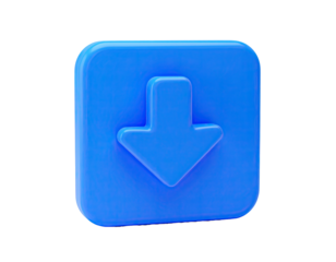 Three-dimensional bright blue download icon with arrow in a rounded square