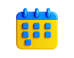 A vibrant, 3D-rendered calendar icon in blue and yellow on a black background
