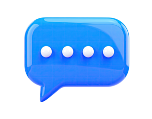 Glossy blue 3D speech bubble with four white dots, set against black background