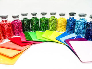 various colors of mastebatch granules in glass container with chips, colorful pigment virgin resin,...