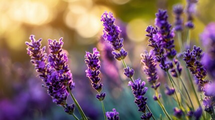 Naklejka premium Purple lavender flowers sway gently in the warm breeze, illuminated by soft sunlight. The vibrant blooms create a tranquil atmosphere, enhancing the gardens beauty during summer days.