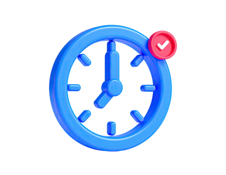 Blue clock with a red checkmark icon, indicating successful completion