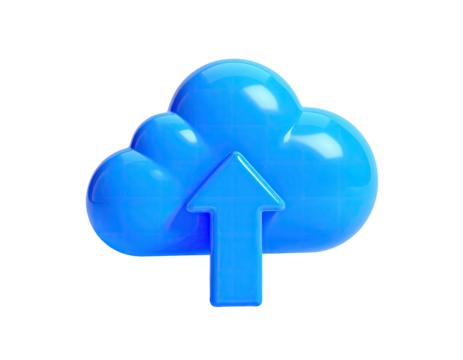 3D render of a glossy blue cloud icon with an upward-pointing arrow