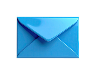 A glossy blue, three-dimensional envelope, sealed with sharp shadows, on black