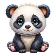 A cute cartoon panda with big blue eyes sitting upright against a black background and smiling softly created with generated ai