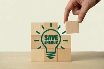 Hand completes puzzle of lightbulb with save energy message for sustainability concept