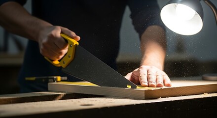 A carpenter is sawing a piece of wood with a hand saw. Sawdust is visible in the air, and a desk lamp illuminates the scene