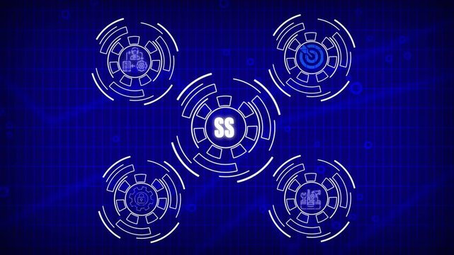 Futuristic Digital Display with S Monogram and Tech Icons on Blue Grid digital interface technology Performance and Management Icons - Acme Series, Businesswoman points 4k video .