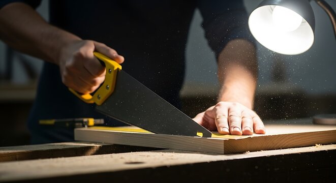 A carpenter is sawing a piece of wood with a hand saw. Sawdust is visible in the air, and a desk lamp illuminates the scene - Powered by Adobe
