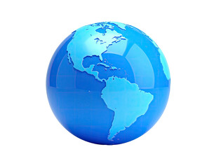Fototapeta premium A glossy blue rendering of planet Earth, showing North and South America