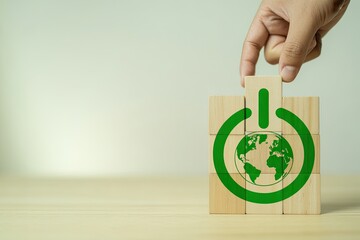 Hand holding eco friendly shopping bag with green recycle symbol and planet earth illustration